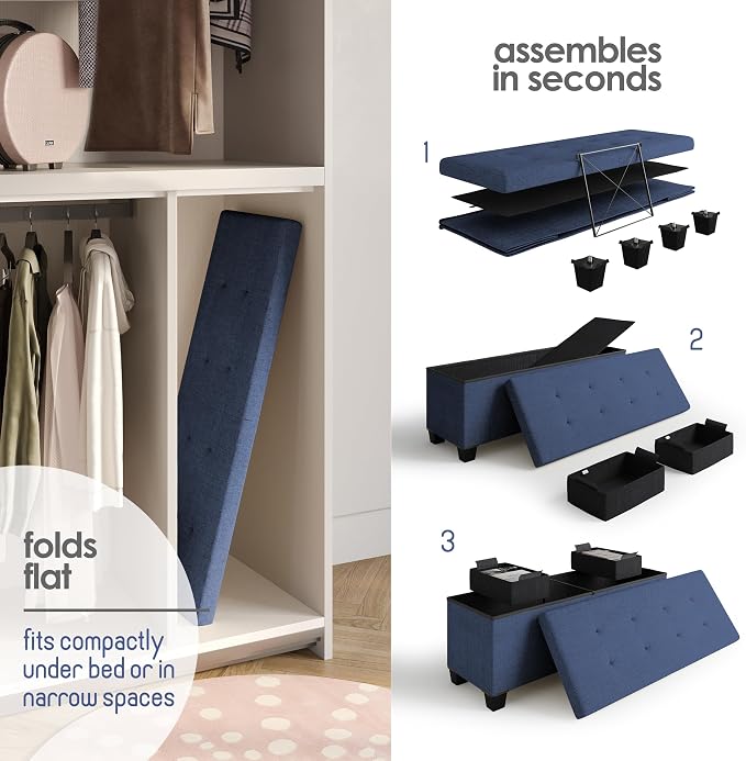 Storage Ottoman Bench with Bins, 43-in Storage Bench for Bedroom End of Bed, Folding Foot Rest Ottoman for Living Room Max 660lbs, Fabric Ottomans, Blue - Image 7