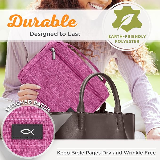 Christian Art Gifts Polyester Bible Cover for Men & Women w/Jesus Fish Patch, Secure Zipper Pocket, Pen Loops, Easy Carry Book Case for Stationery, Accessories, Pink, Medium - Image 8