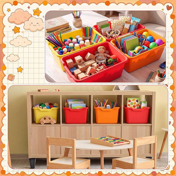 16 Pcs Cubby Bins for Classroom Plastic Book Bins,Warm Series | Storage Bins for Classroom Library, Plastic Stackable Toy Tubs Containers for School Office Home Nursery Playroom - Image 3