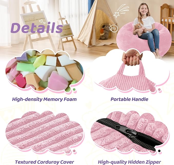 2.5FT Bean Bag Chair,Teardrop Bean Bags with Memory Foam Filled | Beanbag Chairs with Handle,Teardrop Bean Bag Sofa with Corduroy Machine Washable Cover for Living Room,Bedroom-Light Pink - Image 5