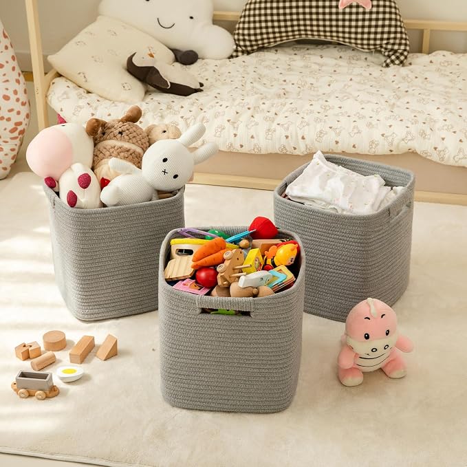 OIAHOMY Storage Cubes 11 Inch Bins-3-Pack, Cotton Rope Woven Baskets for Organizing, Square Storage Baskets for Shelves, Classroom, Kids Toy Bins, Closet, Baby Nursery-Grey - Image 2