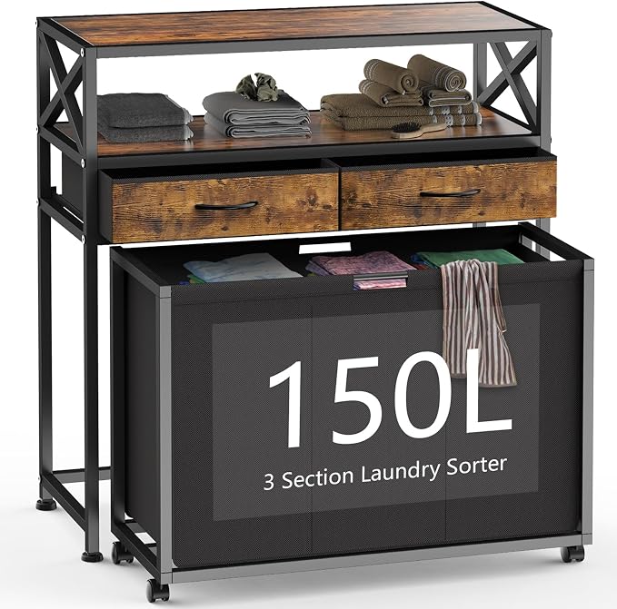 150L Laundry Sorter Hamper 3 Section with 2 Shelves & 2 Drawers | 3 Compartment Clothes Storage Organizer Cart, Pull-Out Removable Oxford Fabric Bags by Ollieroo