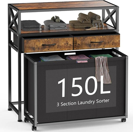 150L Laundry Sorter Hamper 3 Section with 2 Shelves & 2 Drawers | 3 Compartment Clothes Storage Organizer Cart, Pull-Out Removable Oxford Fabric Bags by Ollieroo
