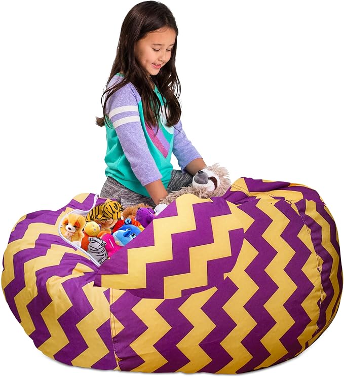 Posh Creations Stuffable Kids Stuffed Animal Storage Bean Bag Chair Cover - Childrens Toy Organizer, X-Large 48" - Pattern Chevron Purple and Yellow - Image 5