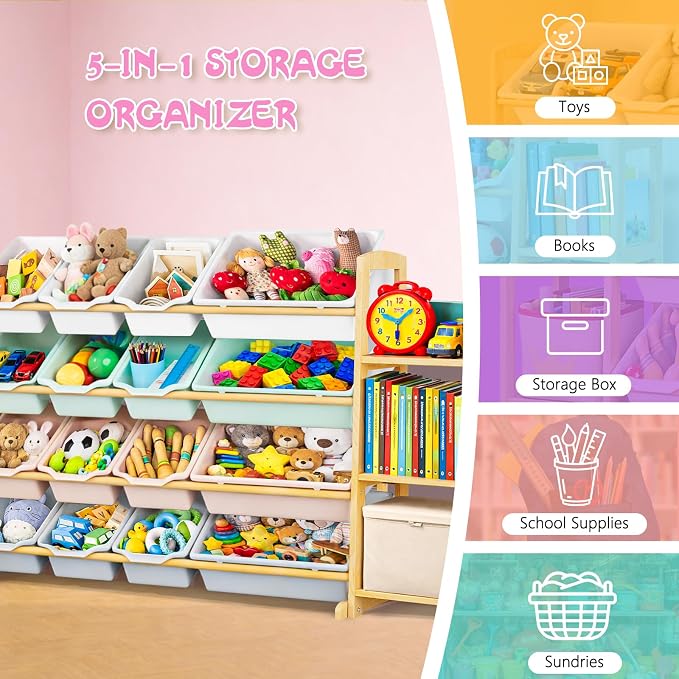 Kids Toy Storage Organizer with Bookshelf – Wooden Shelf with 16 Bins & 3 Shelves, Quick Assembly Storage Rack for Playroom, Bedroom, Nursery– Colorful - Image 6