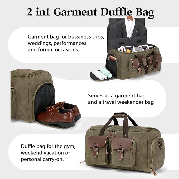 Wildroad Garment Bags for Travel - Canvas Duffle Bag with Shoe Compartment | Gifts for Men, Holiday Birthday Gift for Dad, Husband & Partner, Carry-on Size, 2 in 1 Hanging Suitcase Suit Business - Image 3