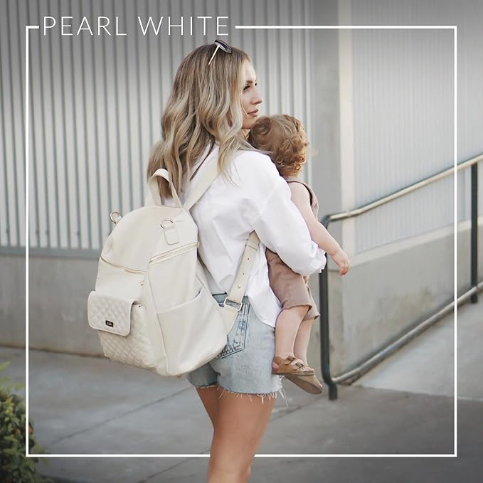 Monaco Large Diaper Bag Backpack by Luli Bebe - Designer Modern Vegan Leather Stylish Baby Backpack Diaper Bag for Mom, Multipurpose, Roomy, with Changing Pad (Pearl White) - Image 7