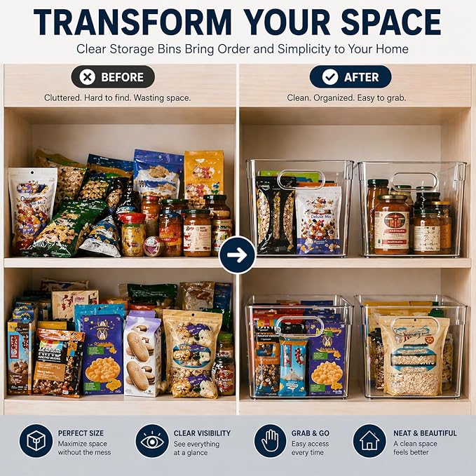 MOONEDGE 6 Pack Clear Organizer Bins 11x8x6in Pantry Organizers and Storage | Clear Containers for Organizing, Plastic Storage Bins with Handles for Drawer, Craft, Fridge, Kitchen Cabinet Shelf - Image 5