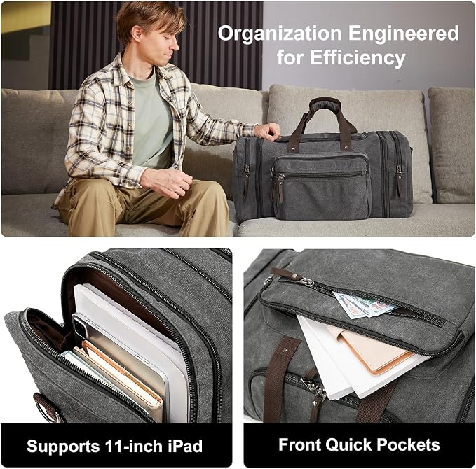 EKOROMIER Large Canvas Duffle Bag for Travel, Expandable 70L Weekender bags | Features Luggage Trolley Sleeve, Multi-Pockets for Traveling, Durable Overnight Carry-On Bag for Men & Women - Grey - Image 5