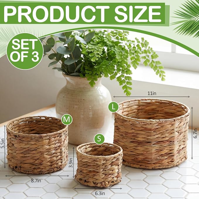 Set of 3 Scalloped Wicker Storage Baskets with Lid Round Rattan Woven Basket 11'' 8.7'' 6.3'' Natural Water Hyacinth Decorative Boxes for Organizing Nursery Home Closet Shelf Decors, 3 Sizes - Image 3