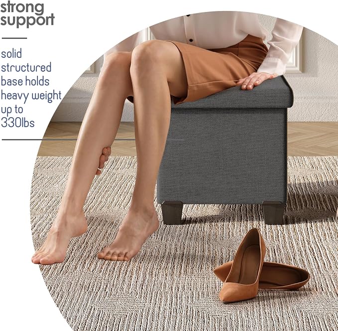 Storage Ottoman Cube with Small Bin, 15-in Square Ottoman with Storage for Living Room and Bedroom, Small Ottomans Foot Rest, Fabric Foot Stools Ottomans Max 330lbs, Grey - Image 6