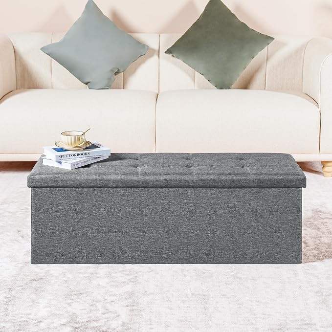 PINPLUS Folding Storage Ottoman Bench, Grey Linen Long Ottoman Chest Foot Rest Stool with Padded Seat, Chest with Cover, Bedroom Bench with Storage, 43.3inches - Image 5