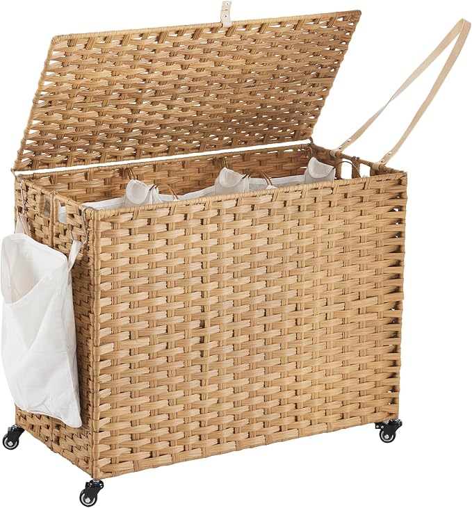 Laundry Hamper with Wheels, 52.8 Gallon(200L) Rolling Laundry Basket with Lid, 3-Section Rattan Clothes Hamper with 3 Removable Liner & 3 Mesh Bags, Laundry Sorter with Side Pocket, Natural by Hiagnete
