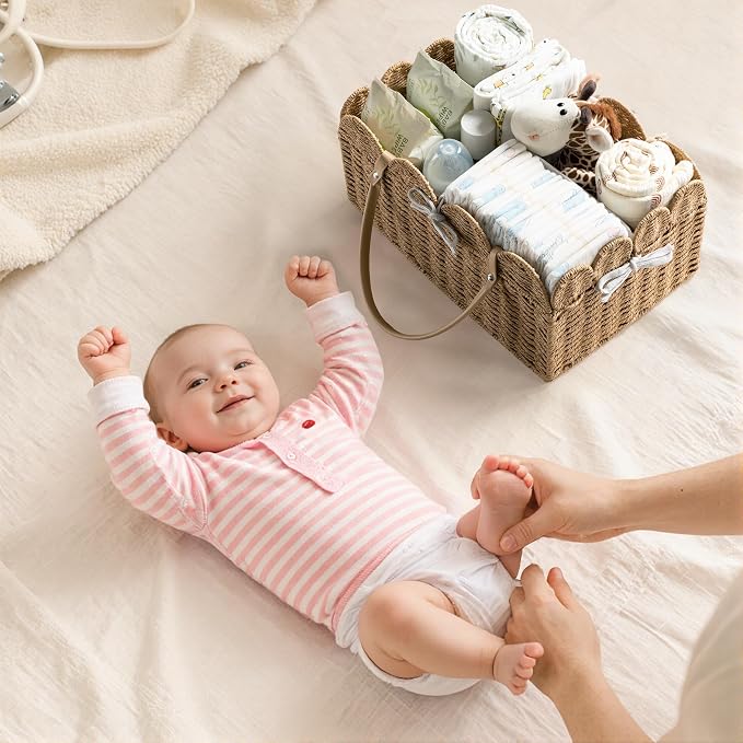 HBlife Large Baby Diaper Caddy, Paper Rope Scalloped Storage Baskets Nursery Bin with Removable Divider, Portable Car Organizer for Diapers, Baby Shower Gifts, Newborn Essentials Must Haves, Brown - Image 6