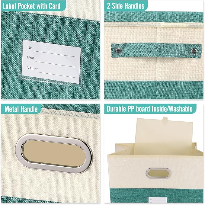 Large Linen Fabric Foldable Storage Bins with Removable Lid and Handles, Washable Storage Box Organizer Containers Baskets Cube with Cover for Bedroom,Closet,Office (Turquoise&Cream, Large) - Image 2