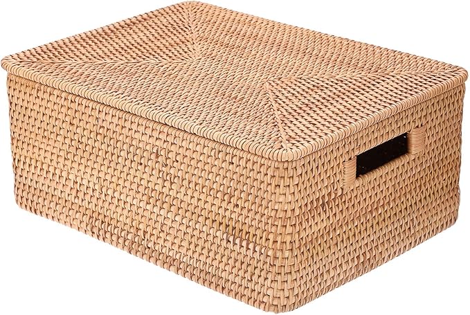 Hipiwe Rattan Basket Box with Lid X-Large Wicker Lidded Decorative Baskets | Handwoven Storage Basket Bins Rectangular Household Baskets for Shelf Organizing Home Decor, 17" x 13" x 6.7" by Hipiwe