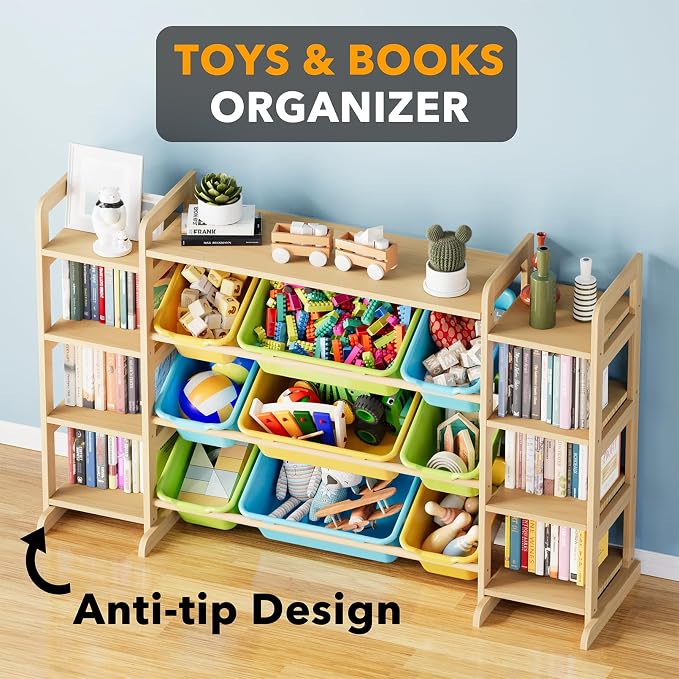 SpaceAid Large Toy Storage Organizer 9 Shelves 9 Bins, Toy Organizers Storage Bookshelf, Kids Bin Shelf Toys Box Bookcase for Bedroom Playroom Organization Room Decor, Multi-Colored - Image 5