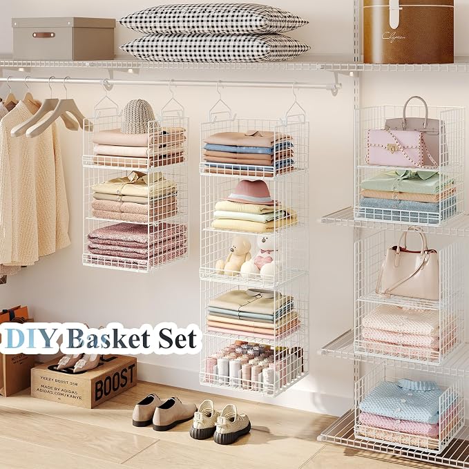 Yuyetuyo ﻿5 Tier Hanging Closet Organizer Separable Hanging Closet Shelves with 4 Hooks 2 Adjustable Dividers, Wire Storage Basket Bins for Clothing Sweaters Socks Dolls Handbags, Foldable - Image 7