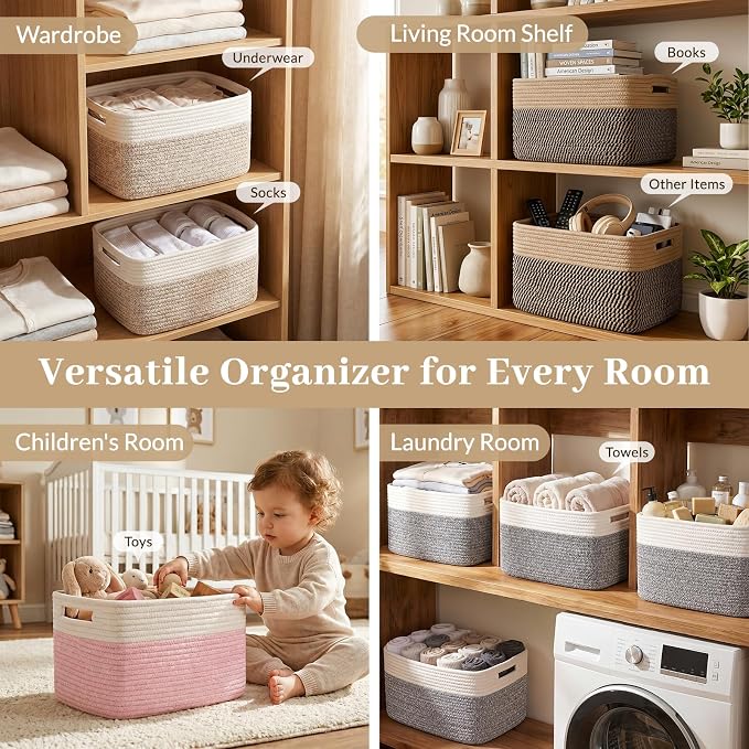 OIAHOMY 4 Pack Storage Basket, 13"x9"x7.8" Cotton Rope Baskets for Shelves, Closet Organizer for Bedroom & Living Room, Soft Decorative Bins for Organizing Towels, Books & Toys, Brown & White - Image 4