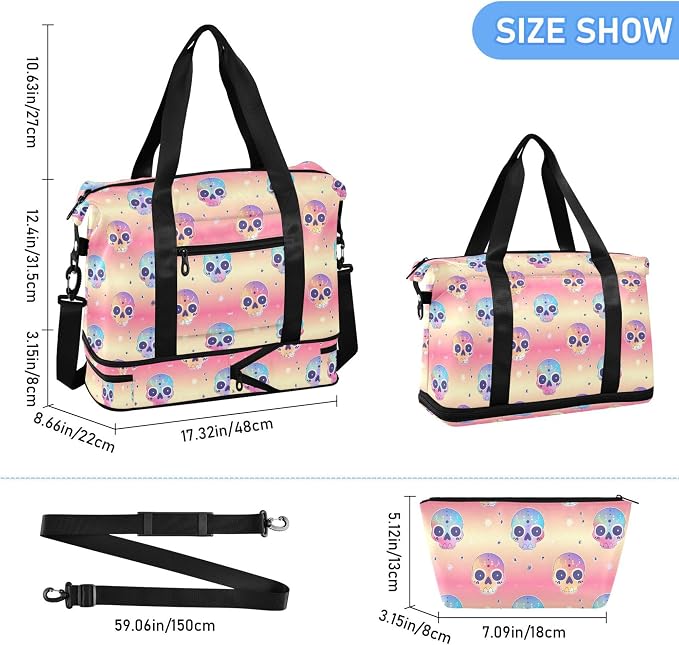Travel Duffel Tote Bag Cute Skull Head Sports Duffel Bag with Wet Pocket Weekender Overnight Bag for Women Men Gym Bag, Carry On Bag Hospital Bag for Labor and Delivery - Image 6