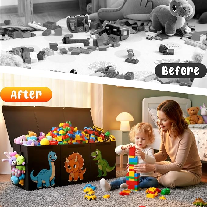Extra Large Collapsible Toy Box Chest, Sturdy Dinosaur Toy Storage Organizer with Lids, 40"x16"x14", Toy Box for Boys Girls, Cute Kids Bin Baskets for Living Room, Playroom, Nursery, Bedroom, Black - Image 6