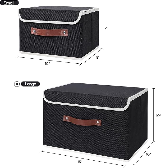 ANMINY Fabric Storage Box Bins with Lids, Black, 15"x10"x10" | Keepsake Memory Storage, Cotton Linen, PP Board Reinforced, Washable, PU Handles, Foldable & Stackable, Decorative, Large - Image 5