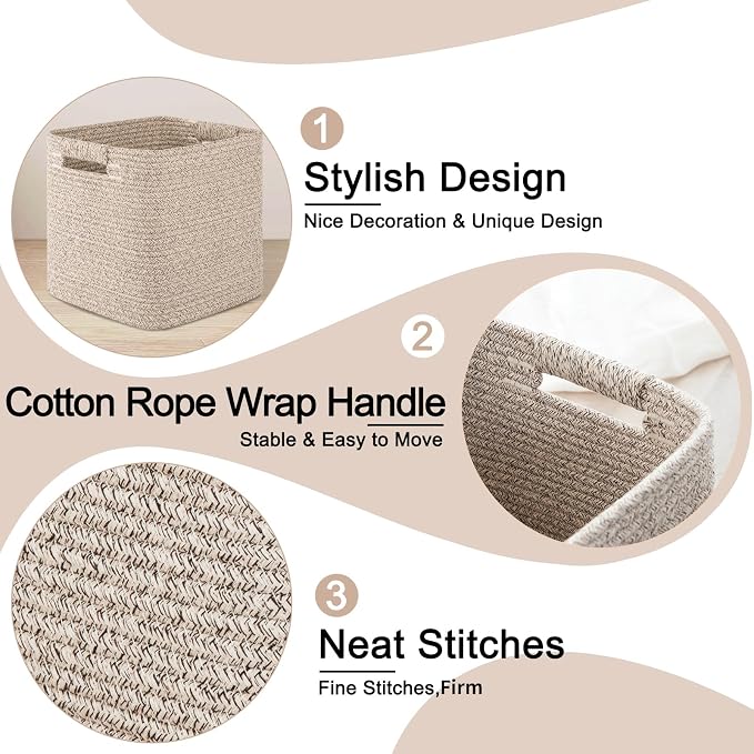 OIAHOMY Storage Cubes 11 Inch Storage Bins-3-Pack, Cotton Rope Woven Baskets for Organizing, Square Storage Baskets for Shelves Organizer, Classroom, Kids Toy Bins, Closet, Baby Nursery-Brown - Image 4