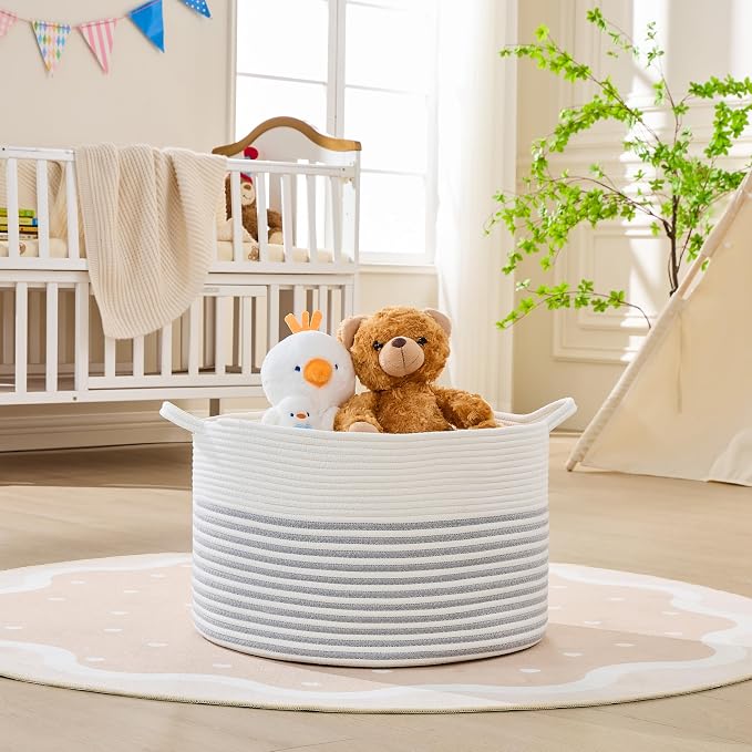 KAKAMAY Large Blanket Basket with Handles, Storage Basket for Living Room | Extra Large Capacity | Natural Cotton Rope | Blanket Storage | Woven Storage Basket | Stuffed Animal Storage | Laundry Basket - Image 2