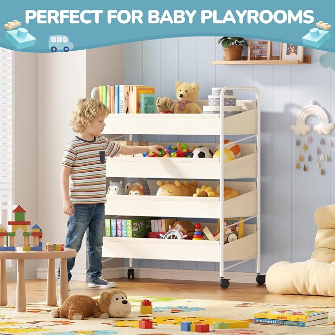 Kids Toy Storage Organizer with 4 Shelves & Wheels for Playroom | White, Large Size, Steel Frame & Oxford Fabric, Rolling Casters with 2 Locks, Safe Rounded Edges, Easy Assembly - Image 5