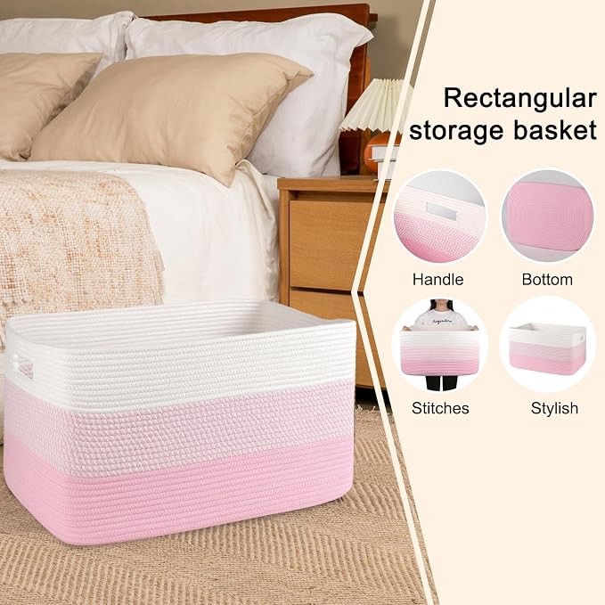OIAHOMY Blanket Basket Laundry Basket Dog Toy Basket 75L Pink/White | Large Storage Basket,Baby Basket,Toy Storage,Woven Rope Basket for Blankets,Blanket Storage for Living Room - Image 5