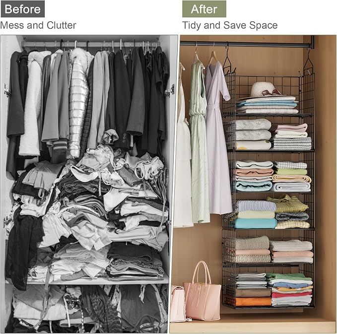 Hanging Closet Organizer and Storage - 8 Tier Closet Hanging Organizer Shelves, Metal & Foldable Hanging Storage Organizer Baskets with Adjustable Dividers for Clothing Sweaters Shoes Handbags - Image 7