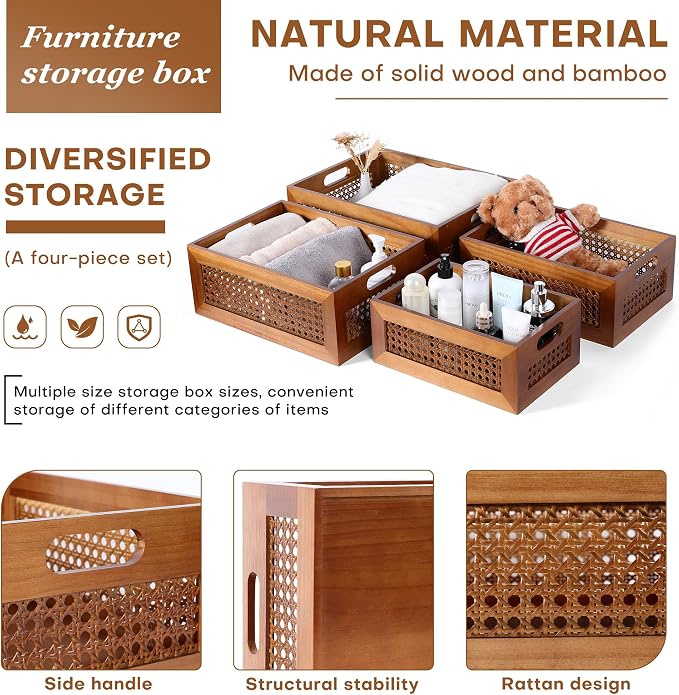 Rattan Wooden Box Set of 4 Handmade Decorative Storage Basket with Handles | Natural Bamboo Woven Storage Basket Rustic Farmhouse Decor Home Office Tabletop Shelf Drawer Closet Desk Organizer, Brown - Image 3