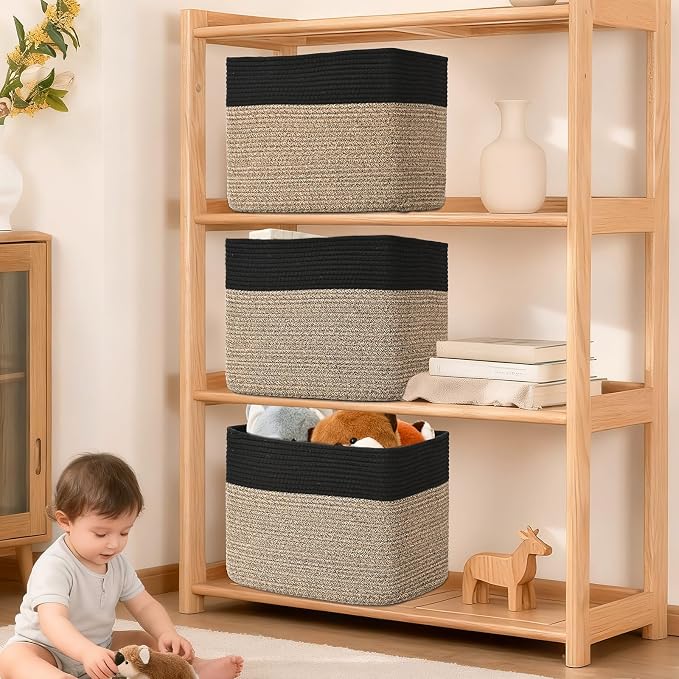 3 Pack Cube Storage Bin, 17”x12”x12” Cotton Rope Woven Baskets for Organizing Toys Clothes Towels, Square Gift Storage Baskets for Shelves, Nursery, Closet, Bathroom, Pantry (Black & Brown) - Image 7