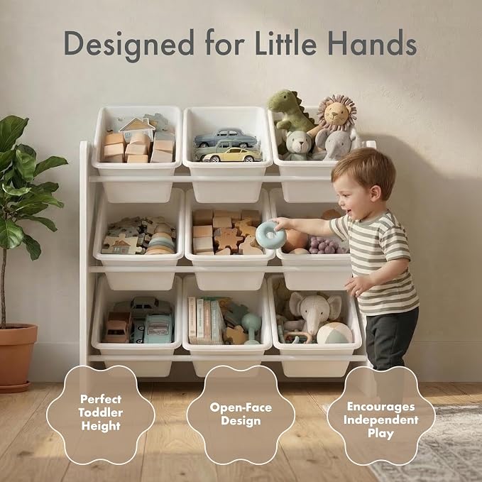 Humble Crew Kids Toy Organizer with 9 Bins, 3 Tier Storage for Playroom | Sturdy wood and steel toddler shelf, removable BPA-free containers, wall anchor anti-tip safety kit for bedroom or classroom - Image 3