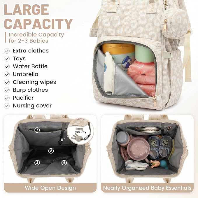 Baby Diaper Bag Backpacks for Mom Dad, Corduroy Large Capacity Multifunction Nappy Bag with Pacifier Case, Baby Travel Essentials Diaper Backpack for Boys Girls - Leopard Khaki - Image 3