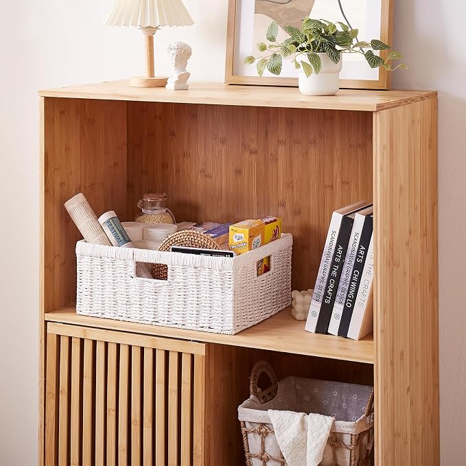 OIAHOMY Wicker Storage Basket, Rectangular Paper Rope Shelf Baskets with Built-in Handles, Woven Decorative Organizer for Pantry, Shelves, Living Room and Bathroom, 1-Pack White - Image 7