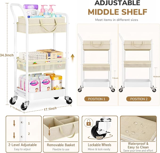 Baby Diaper Caddy Organizer Cart with Adjustable Shelf and Detachable Dividers, Off-White 3 Tier Rolling Storage Cart Metal on Wheels, Bedside Trolley Carts for Baby Essentials, Nursery, Newborn Stuff - Image 2