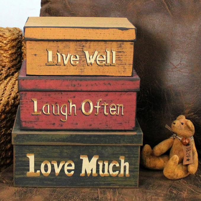 Primitive Vintage Rectangular “Live Well, Laugh Often, Love Much” Cardboard Nesting Boxes, Large 12 X 9 X 5-1/2 Inch. Set of 3. - Image 5