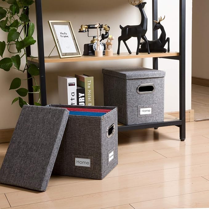 File Organizer Box - Set of 4 Collapsible Decorative Linen Filing Storage Hanging File Folders with Lids Office Cabinet Letter Size Grey (14x9.3x10.8 inch) - Image 2