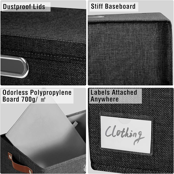 Roobyl 17" Large Fabric Storage Box with Lids, 3-Pack, Black | Stackable, Foldable, 2 PU Handles and 2 Metal Handles, Decorative Fabric, For Home, Bedroom, Closet, Office, Nursery - Image 4
