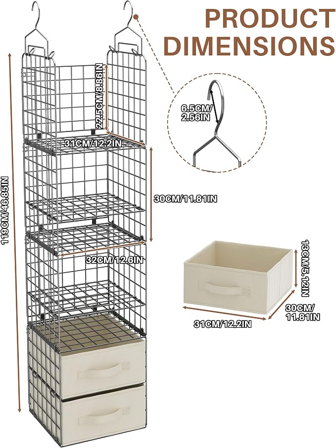 4 Tier Metal Hanging Closet Organizer with 2 Fabric Drawers | Heavy Duty Foldable Clothes Storage Rack ,No Sag Storage Rack for Clothes, Sweaters, Hats, Small Closets, Apartments, Dorms - Image 3