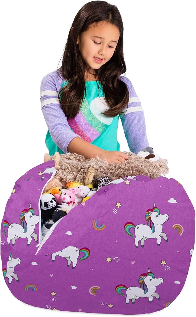 Posh Creations Kids Stuffed Animal Storage Bean Bag Chair Cover - Childrens Toy Organizer, Medium-27in, Canvas Unicorn and Rainbows on Purple - Image 5