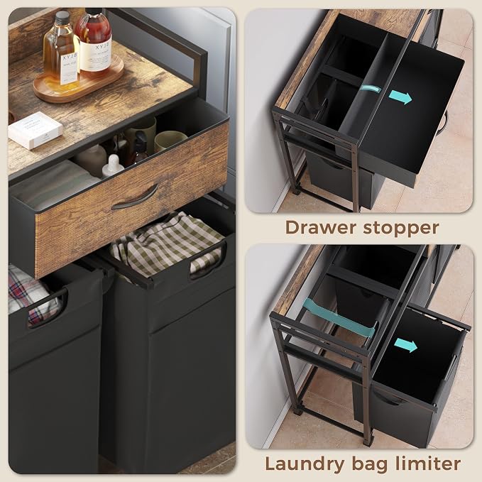 Mondeer 150L Laundry Sorter 3 Section with 3 Bags 4 Wheels 2 Drawers | 50L x 3 Pull-Out Laundry Hamper Baskets Removable for Laundry Room Bathroom, Rustic Brown and Black - Image 2