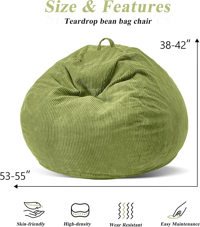 5FT Bean Bag Chair for Adults,Gaint Teardrop Beanbag with Filler | Beanbag Chair with Memory Foam Filled,Bean Bags with Handy Handle&Machine Washable Cover for Living Room,Bedroom-Green - Image 2