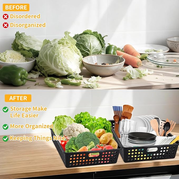 12 Pcs Plastic Storage Baskets Bulk 14 x 10 In Stackable Storage Bin with Handles A4 Size Desktop File Letter Organizer Tray Multi-purpose Container for Shelve Desktop Classroom Office Home Playroom - Image 4