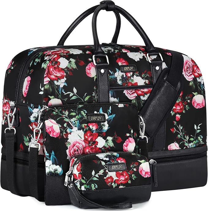Weekender Bag for Women, Large Overnight Bag Canvas Travel Duffel Bag Carry On Tote with Shoe Compartment 21" 3Pcs Set by IBFUN