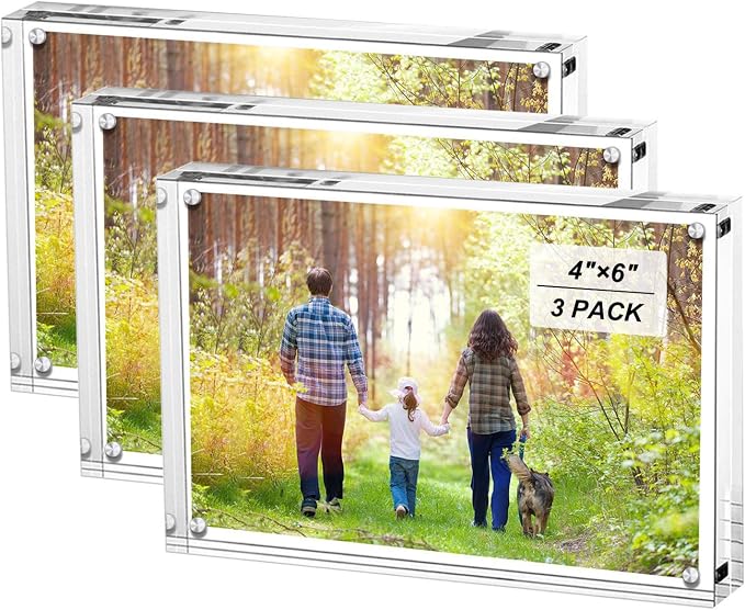 Boxalls 4x6 Inches Acrylic Picture Frames- 3 Pack, Desktop Frameless Photo Frames with Magnetic, Double Sided Transparent (3 Pack) by BOXALLS