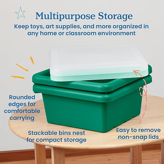 ECR4Kids Stackable Square Bins with Non-Snap Lids, Multipurpose Organization, Green, 2-Pack - Image 4