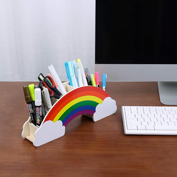 Exerz Rainbow Pencil Holder Desk Organizer with 50 Star Stickers for Kids | Pressed Wood 6 Compartments No Assembly for Pens Markers Brushes Rulers Study Craft Ideal for - Image 8