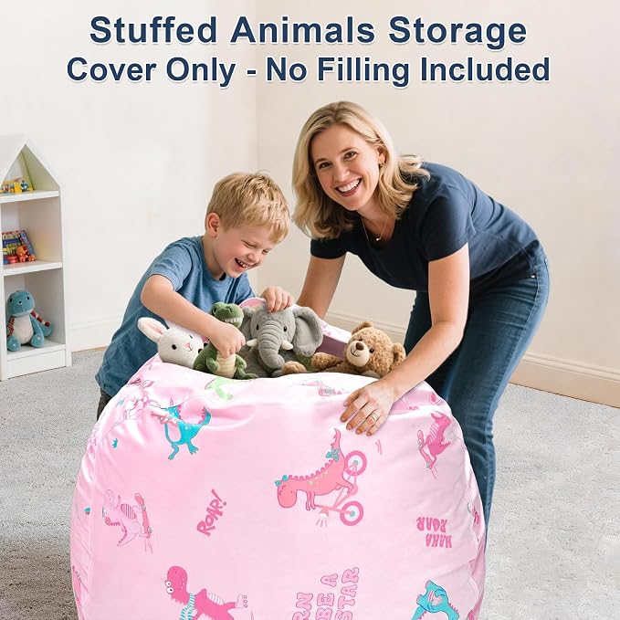 Lukeight Dinosaur Stuffed Animal Storage Bean Bag Chair Cover for Kids, Velvet Plush Toy Organizer Seat, Cover Only, No Filling Included, Long YKK Zipper, Side Pocket, X-Large 30"D x 18"H - Image 4